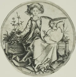 Bouclier avec une licorne, tenu par une dame