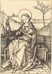 Vierge et enfant sur un banc herbeux