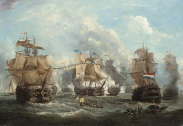 Le vaisseau amiral anglais Venerable engageant le vaisseau amiral néerlandais Vrijheid à la bataille de Camperdown