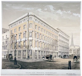 Entrepôts de Messieurs J&R Morley, coin de Milk Street et Gresham Street, Londres, vers 1840