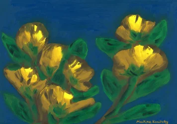 Roses jaunes ciel du soir composition marron jaune bleu