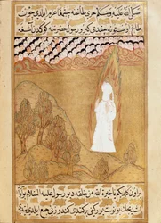 Islam : Représentation du prophète Muhammad (Mohammed ou Muhammad) (570-632) (visage couvert) sur le mont Hira recevant une vision. Miniature tirée du poème épique « Siyer-i Nebi » (Siyer i Nebi), racontant la vie du prophète Muhammad, écrit par Must