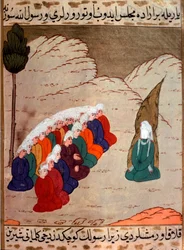 Représentation du prophète Muhammad (visage couvert) prêchant aux membres de la tribu d