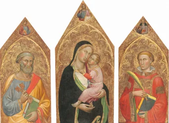 Madone et Enfant avec le Christ bénissant, et les saints Pierre, Jacques le Majeur, Antoine Abbé et un saint diacre [triptyque entier]