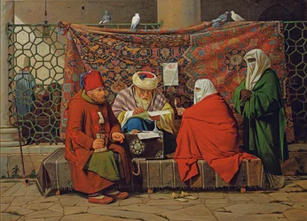 Un notaire turc rédigeant un contrat de mariage devant la mosquée Kilic Ali Pasha, Tophane, Constantinople