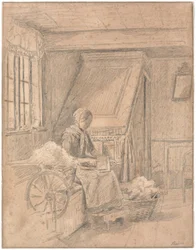 Maison paysanne avec une fille cardant de la laine