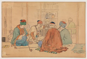 Intérieur de café avec hommes fumant la pipe