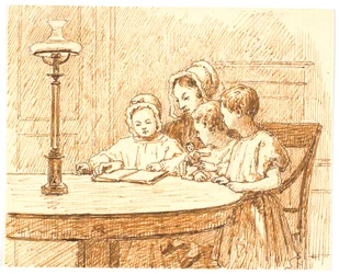 Une mère montre un livre à trois enfants