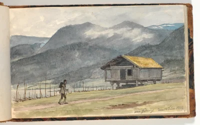 Paysage de montagne avec cabane et randonneur