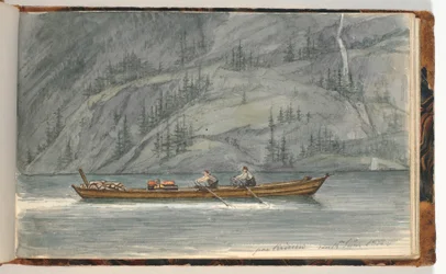 Paysage de fjord avec bateau à rames. Krøderen, Norvège