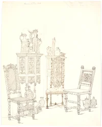 Vieilles chaises et armoires avec grès