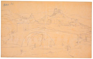 Paysage italien avec un pont sur une rivière et la ville de Subiaco en arrière-plan