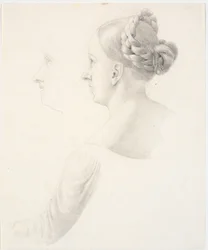 Tête de femme de profil à gauche, épaules et bras gauche
