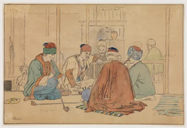 Intérieur de café avec hommes fumant la pipe