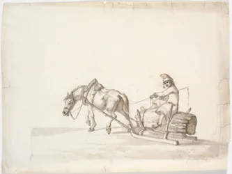 Traîneau tiré par des chevaux avec un homme sur un fagot de roseaux [?]