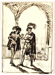 Scène médiévale avec deux hommes en cape et bérets à plumes