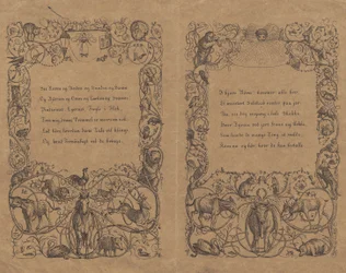 Deux couvertures avec ornement de chaîne enroulée avec des animaux pour "Cinquante fables pour enfants" avec texte
