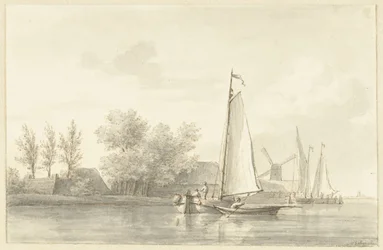 Paysage fluvial avec voilier et canot