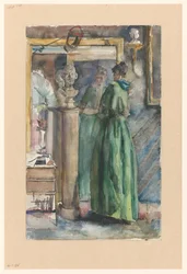 Dame en robe verte debout devant un miroir