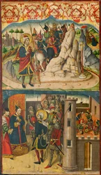 Saint Christophe rencontre Satan, Saint Christophe devant le roi de Lycie, 1480-85