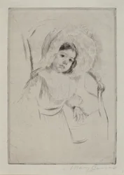 Margot avec un chapeau mou appuyée contre une chaise, vers 1902