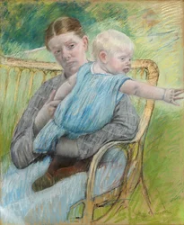 Mathilde tenant un bébé qui tend la main vers la droite, vers 1889