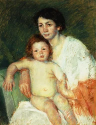 Bébé nu sur les genoux de sa mère reposant son bras droit sur le dossier de la chaise, 1913