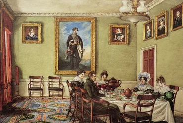 Salle à manger à Langton Hall, famille au petit-déjeuner, vers 1832-3