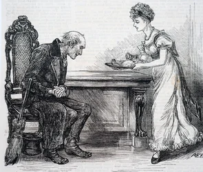Une femme donnant un dîner chaud au balayeur. Par Mary Ellen Edwards (1838-1934) une artiste anglaise