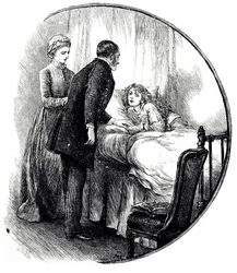 Gravure représentant un médecin rendant visite à son jeune patient à domicile