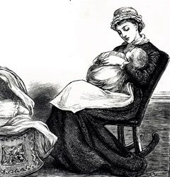 Gravure représentant une mère berçant son bébé. Illustré par Mary Ellen Edwards (1838-1934) une artiste anglaise et illustratrice prolifique de livres pour enfants