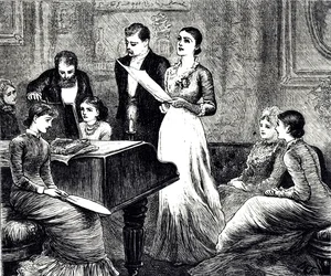Gravure représentant une soirée musicale. Illustrée par Mary Ellen Edwards (1838-1934) une artiste et illustratrice anglaise de livres pour enfants