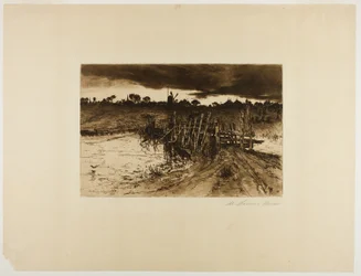 Paysage avec moulin et pont en bois