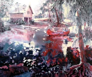 Maison de bateau et lac d
