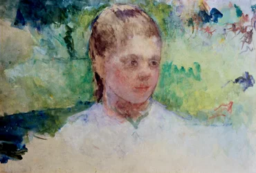 Tete de jeune fille. Fond vert. Peinture de Mary Cassatt (1845-1926). Aquarelle.