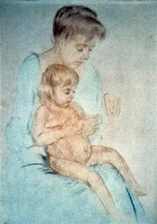 Femme tenant un petit enfant nu sur ses genoux tout en lui faisant les ongles, vers 1904. Mary Cassatt (1844-1926), peintre et graveuse américaine qui, à partir de 1866, vécut principalement en France. Vie domestique, mère, enfant