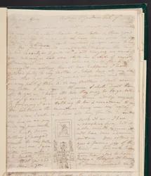 Elizabeth Gwillim à son bureau, croquis dans une lettre à Hester James, 7 février 1802 (encre sur papier)