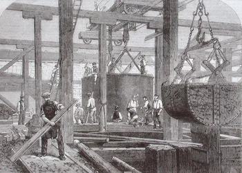 Vue des travaux de construction au pont de Blackfriars pour le chemin de fer de Londres, Chatham et Douvres montrant l