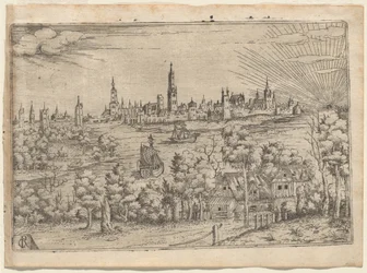 Vue sur une rivière vers une ville fortifiée au coucher du soleil