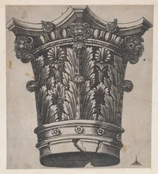 Speculum Romanae Magnificentiae: Chapiteau avec têtes et masques, vers 1537