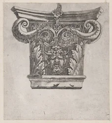 Speculum Romanae Magnificentiae: Chapiteau avec volutes de gousse de pois et tête de satyre, vers 1537