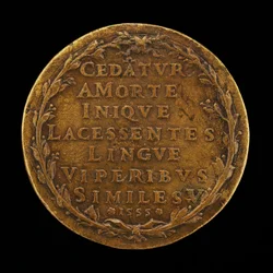 Inscription dans une couronne de laurier [verso], 1555
