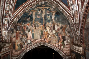 La Crucifixion. Fresque du Maître du Sacro Speco. 14e siècle. Église supérieure. Monastère de Saint Benoît (Sacro Speco), Subiaco (Rome), Italie