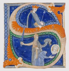 Enluminure de manuscrit avec la décapitation de Saint Paul dans une initiale S..., italien, vers 1278