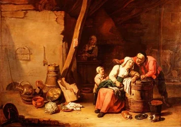 Une grange avec un paysan réveillant une vieille dame