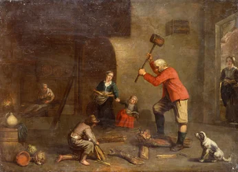 Une cuisine avec un vieil homme coupant du bois