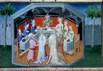 Frères Nicolo et Matteo Polo, père et oncle du jeune Marco Polo (1254-1324) reçus à la cour de Qubilai (Kubilai Khan, premier empereur de la dynastie mongole Yuan (1215-1294), empereur mongol en 1271). Miniature tirée de "Le"