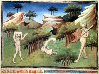Monstres du pays des Merkites décrits par Marco Polo. Miniature tirée du « Livre des Merveilles » (« Description du monde », « Il Milione ») de Marco Polo (1254-1324), illustrée par le Maître d