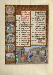 Page du calendrier de novembre ; Battage et alimentation des porcs ; Sagittaire