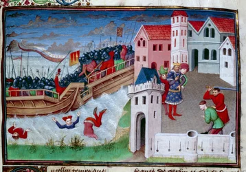 Scène de bataille et décapitation. Illustration du roman Le Décaméron de Giovanni Boccaccio